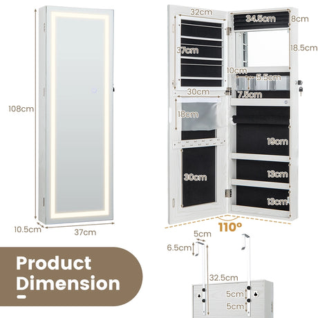 108cm Lockable Jewelry Mirror Cabinet with 3-Color LED Lights-Black