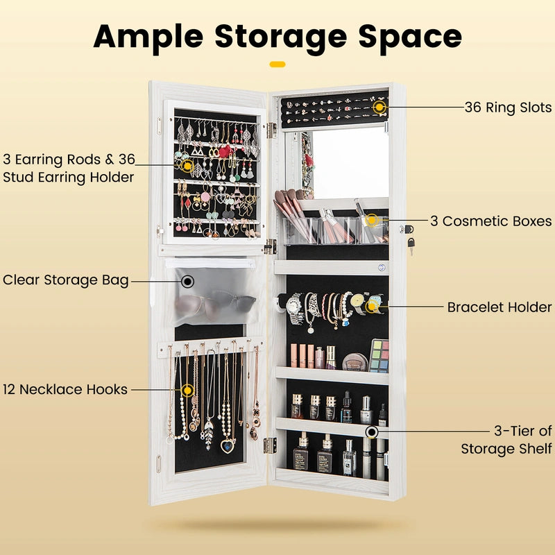 108cm Lockable Jewelry Mirror Cabinet with 3-Color LED Lights-Black