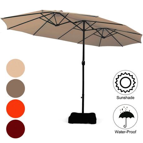 15 Foot Extra Large Patio Double Sided Umbrella with Crank and Base-Beige