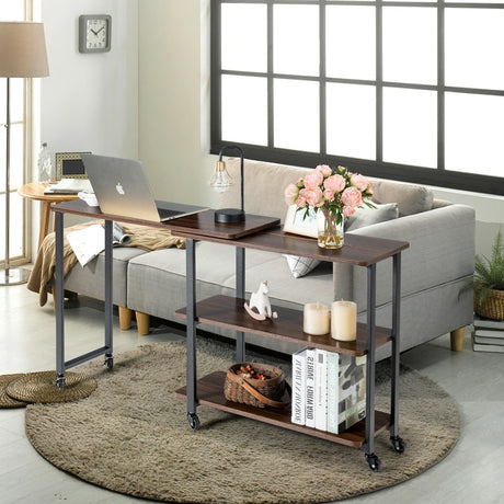 360 Rotating Sofa Side Table with Storage Shelves and Wheels-Walnut