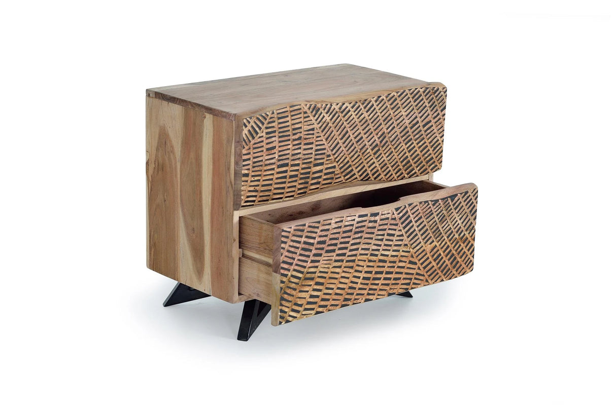 Giner and Colomer - Acacia Wood Nightstand With Hand-Carved Fronts & Metal Base