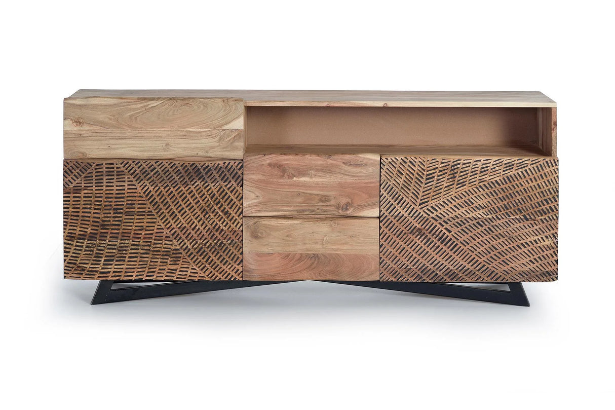 Giner and Colomer - Acacia Wood Sideboard With 2 Doors, 3 Drawers & Hand-Carved Fronts