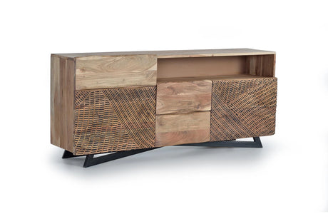 Giner and Colomer - Acacia Wood Sideboard With 2 Doors, 3 Drawers & Hand-Carved Fronts