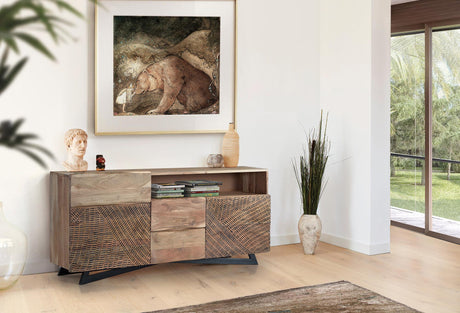Giner and Colomer - Acacia Wood Sideboard With 2 Doors, 3 Drawers & Hand-Carved Fronts