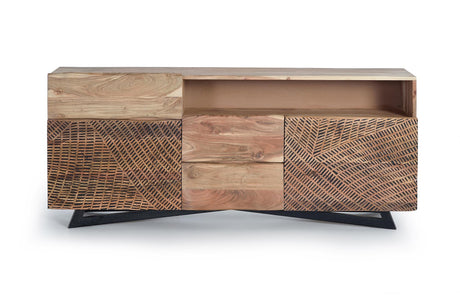 Giner and Colomer - Acacia Wood Sideboard With 2 Doors, 3 Drawers & Hand-Carved Fronts