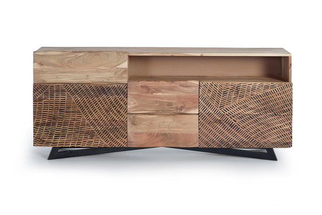 Giner and Colomer - Acacia Wood Sideboard With 2 Doors, 3 Drawers & Hand-Carved Fronts