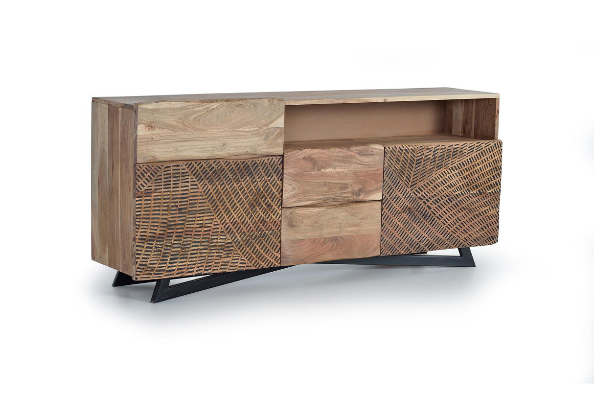 Giner and Colomer - Acacia Wood Sideboard With 2 Doors, 3 Drawers & Hand-Carved Fronts