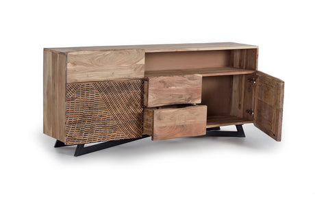 Giner and Colomer - Acacia Wood Sideboard With 2 Doors, 3 Drawers & Hand-Carved Fronts