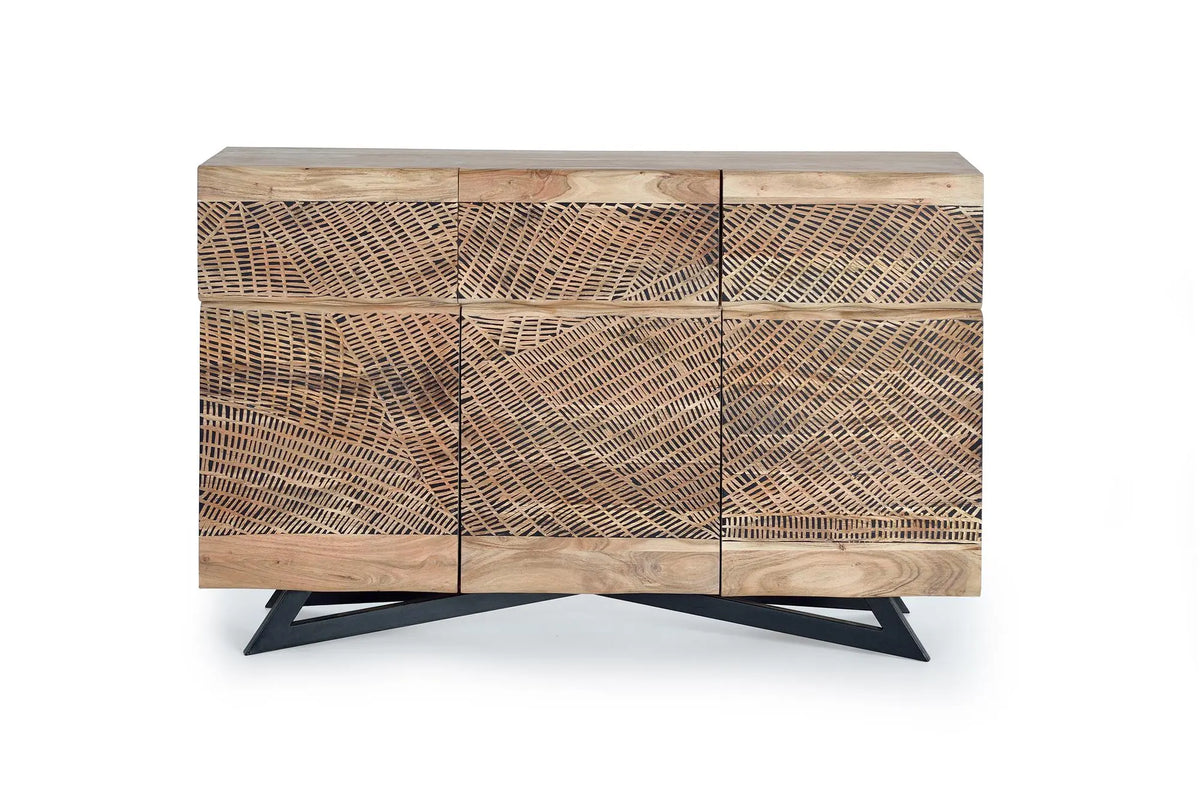 Giner and Colomer - Acacia Wood Sideboard With 3 Doors, 3 Drawers & Hand-Carved Fronts