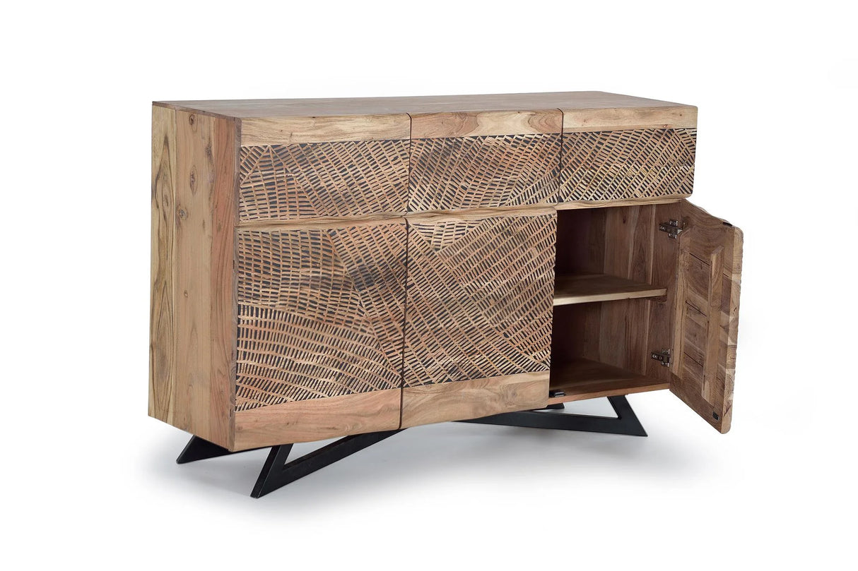 Giner and Colomer - Acacia Wood Sideboard With 3 Doors, 3 Drawers & Hand-Carved Fronts