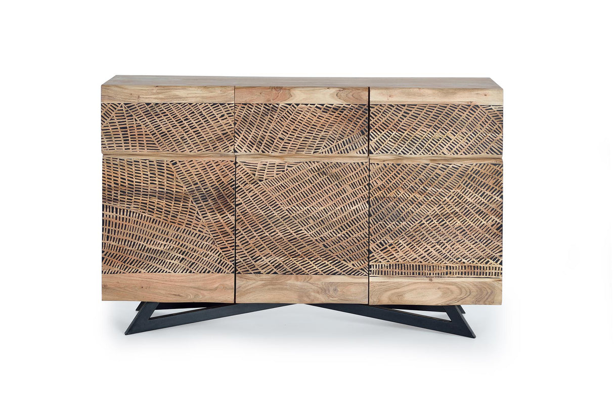 Giner and Colomer - Acacia Wood Sideboard With 3 Doors, 3 Drawers & Hand-Carved Fronts