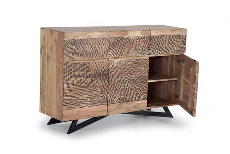 Giner and Colomer - Acacia Wood Sideboard With 3 Doors, 3 Drawers & Hand-Carved Fronts