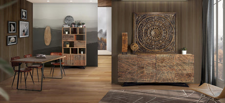 Giner and Colomer - 4-Door Acacia Wood Sideboard With Metal Base & Hand-Carved Details