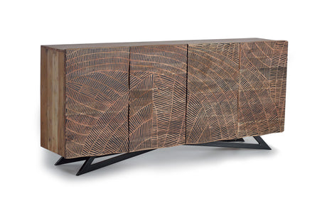Giner and Colomer - 4-Door Acacia Wood Sideboard With Metal Base & Hand-Carved Details
