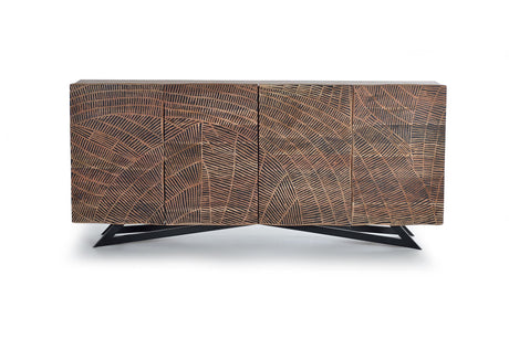Giner and Colomer - 4-Door Acacia Wood Sideboard With Metal Base & Hand-Carved Details