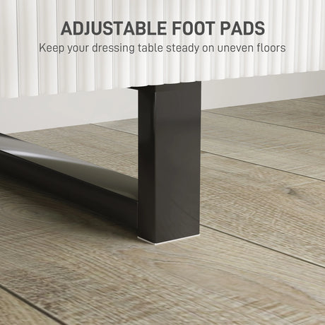 HOMCOM LED Lighted Dressing Table with Leaf Shape Mirror, Modern Vanity Desk with 5 Drawers, Makeup Desk with Fluted Panels, White