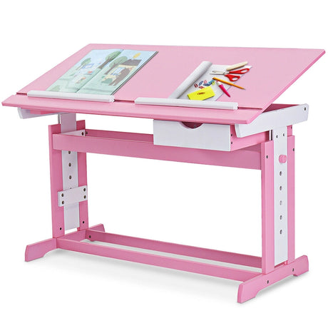 Children's Height Adjustable Tilting Drawing Table with Storage-Pink