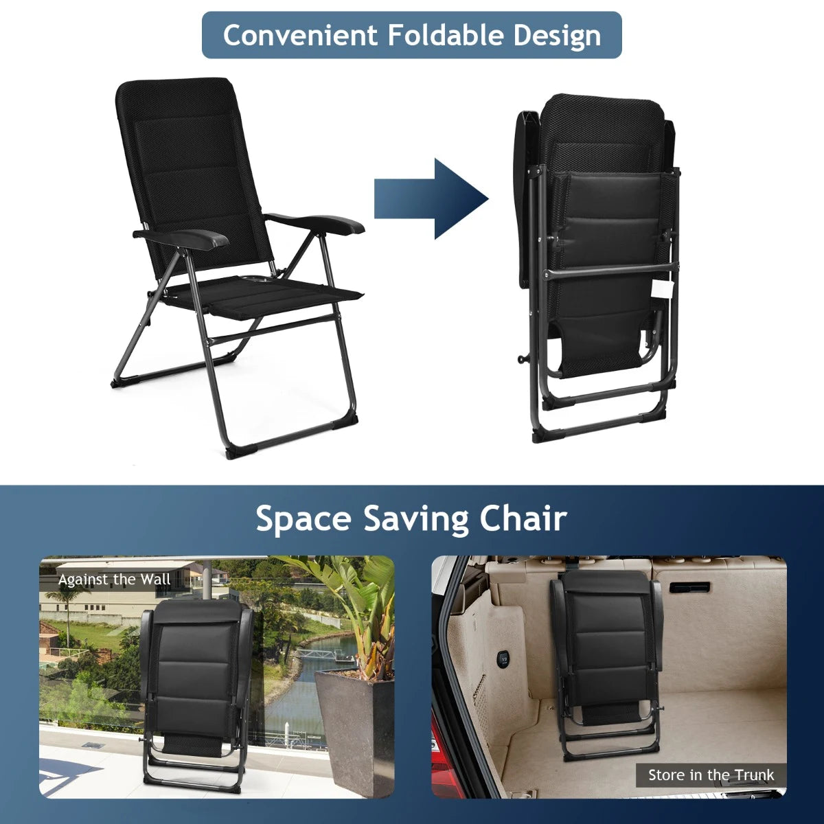 2 Pieces Outdoor Folding Patio Chairs with Adjustable Backrests for Bistro and Backyard-Black