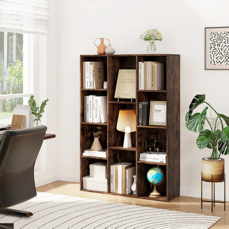 Modern 11-Cube Bookcase Display Cabinet with Anti-tipping Kits-Rustic Brown