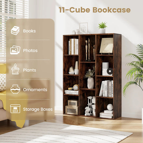 Modern 11-Cube Bookcase Display Cabinet with Anti-tipping Kits-Rustic Brown