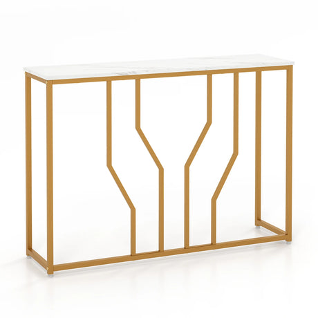 110 cm Gold Console Table Entryway Table with Faux Marble Tabletop-White &amp; Golden