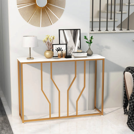 110 cm Gold Console Table Entryway Table with Faux Marble Tabletop-White &amp; Golden
