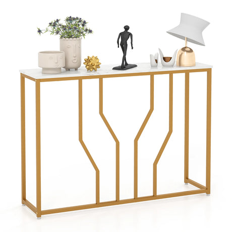 110 cm Gold Console Table Entryway Table with Faux Marble Tabletop-White &amp; Golden