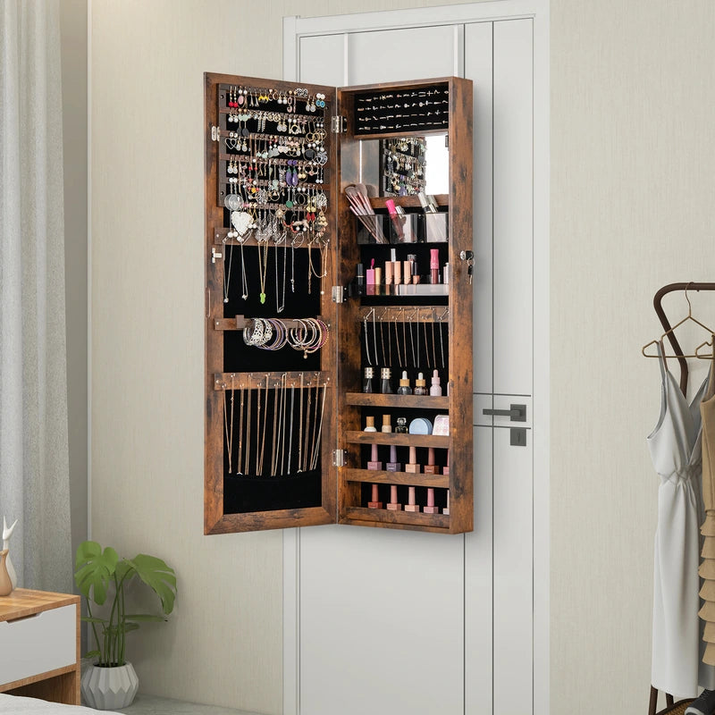 110 cm Jewelry Mirror Cabinet with Full-length Mirror and Interior Makeup Mirror-Rustic Brown