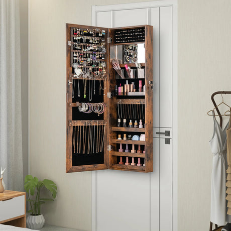 110 cm Jewelry Mirror Cabinet with Full-length Mirror and Interior Makeup Mirror-Rustic Brown