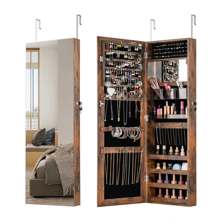 110 cm Jewelry Mirror Cabinet with Full-length Mirror and Interior Makeup Mirror-Rustic Brown