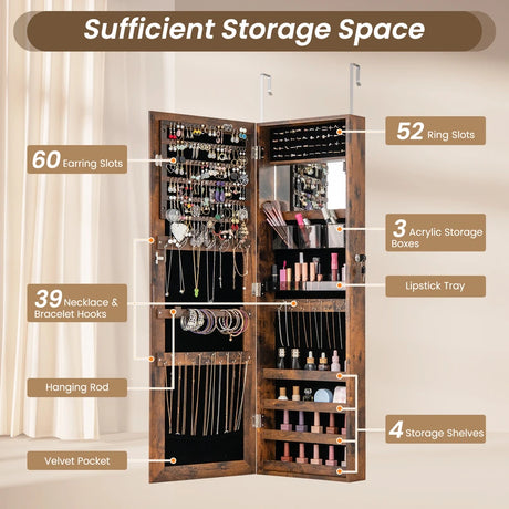 110 cm Jewelry Mirror Cabinet with Full-length Mirror and Interior Makeup Mirror-Rustic Brown