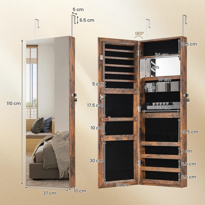 110 cm Jewelry Mirror Cabinet with Full-length Mirror and Interior Makeup Mirror-Rustic Brown