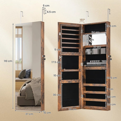 110 cm Jewelry Mirror Cabinet with Full-length Mirror and Interior Makeup Mirror-Rustic Brown