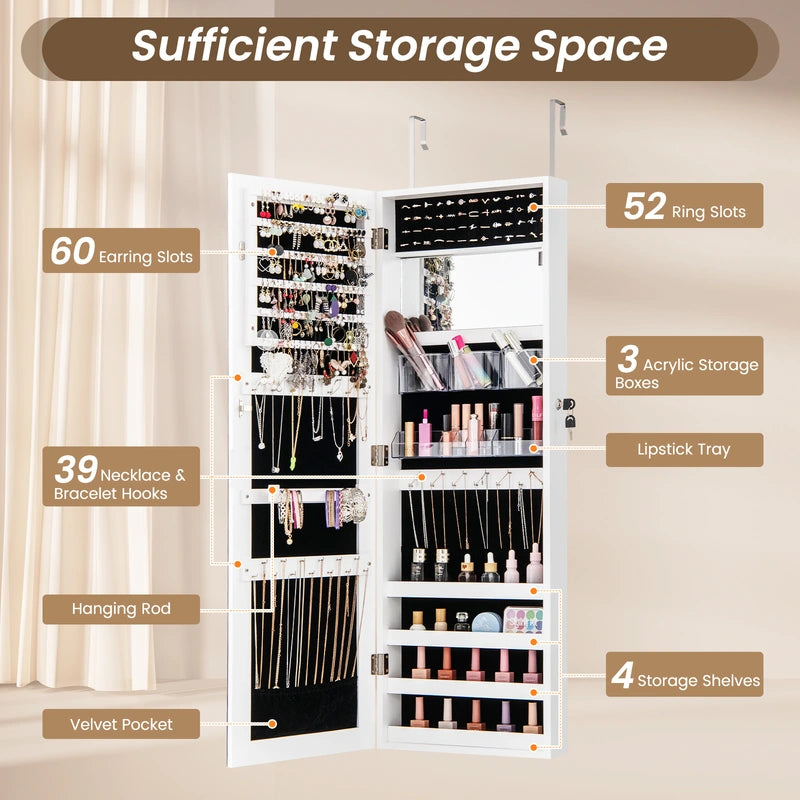 110 cm Jewelry Mirror Cabinet with Full-length Mirror and Interior Makeup Mirror-White