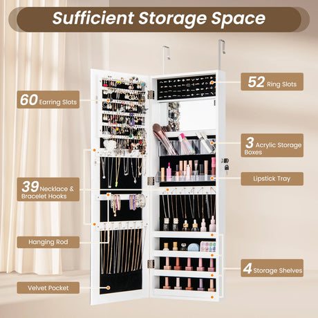 110 cm Jewelry Mirror Cabinet with Full-length Mirror and Interior Makeup Mirror-White