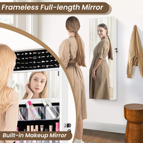 110 cm Jewelry Mirror Cabinet with Full-length Mirror and Interior Makeup Mirror-White