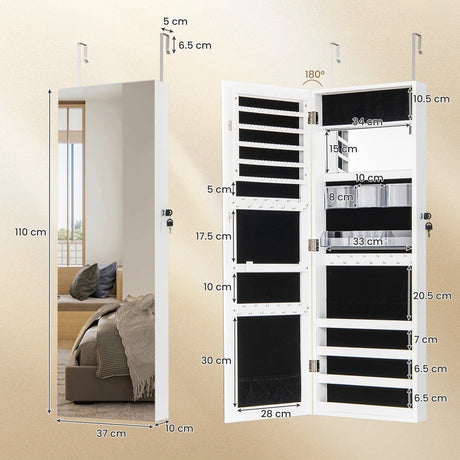 110 cm Jewelry Mirror Cabinet with Full-length Mirror and Interior Makeup Mirror-White