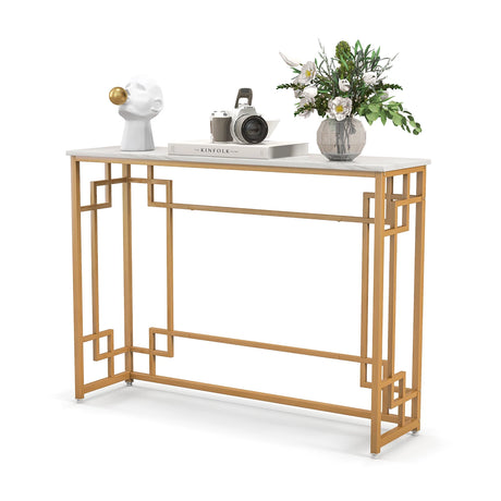 Modern Console Table with Geometric Frame and Faux Marble Tabletop-White