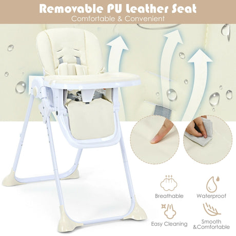 Baby Foldable Convertible High Chair with Adjustable Height Recline-Beige