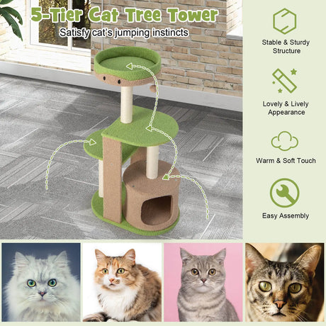 5-Tier Modern Cat Tree Tower for Indoor Cats with Sisal Scratching Posts-Green