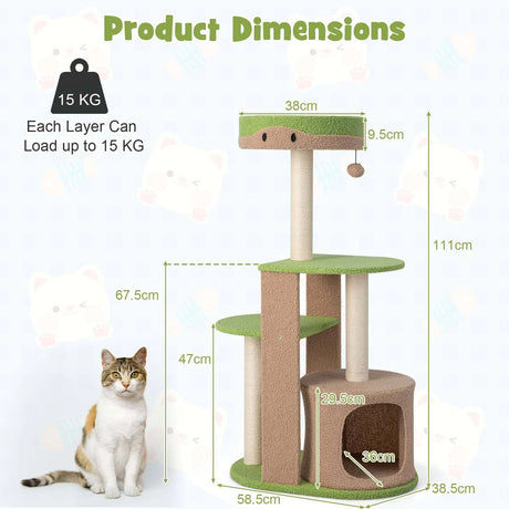 5-Tier Modern Cat Tree Tower for Indoor Cats with Sisal Scratching Posts-Green