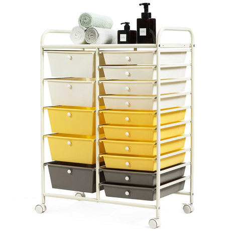 15-Drawer Storage Rolling Organizer Cart-Yellow