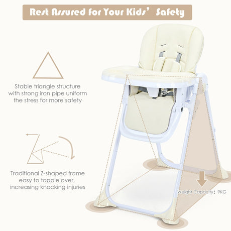 Baby Foldable Convertible High Chair with Adjustable Height Recline-Beige