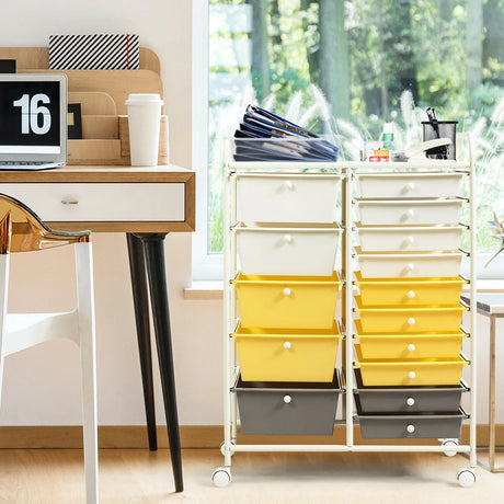 15-Drawer Storage Rolling Organizer Cart-Yellow