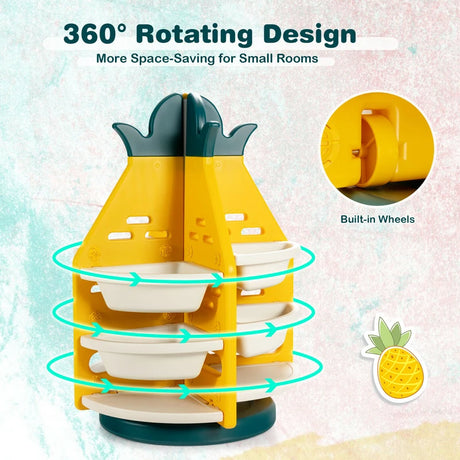 360 Revolving Pineapple Shelf with Plastic Bins for Kids