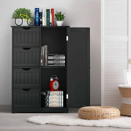 Freestanding Storage Cupboard with Adjustable Shelf and Drawers-Black