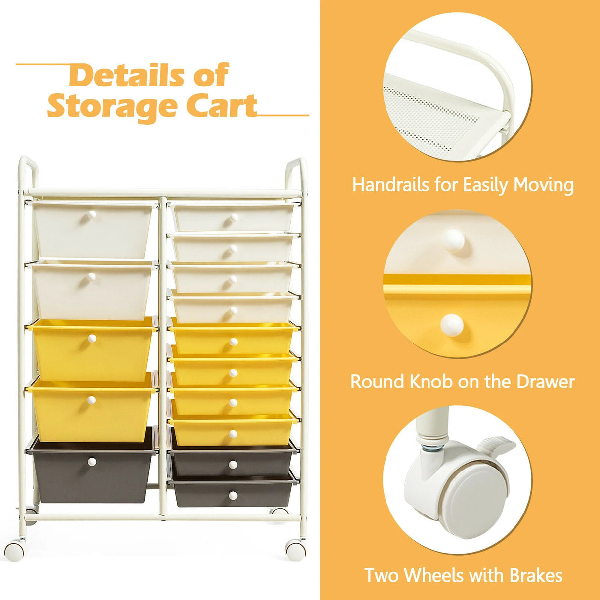 15-Drawer Storage Rolling Organizer Cart-Yellow