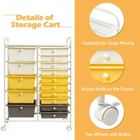 15-Drawer Storage Rolling Organizer Cart-Yellow