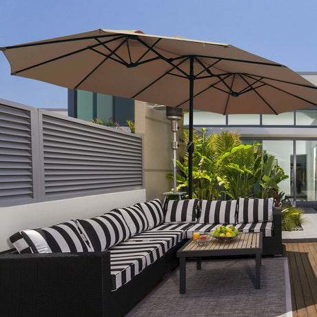 15 Foot Extra Large Patio Double Sided Umbrella with Crank and Base-Tan