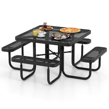 Square Picnic Table and Bench for 8 Person with Seats and Umbrella Hole-Black